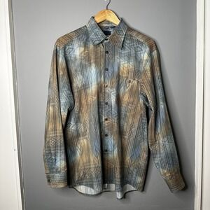 Haupt Shirt Mens Medium 39 40 15 1/2 Brown Blue Abstract‎ Aztec Button Up Casual